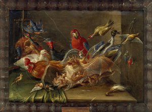 Decorative Still-Life Composition with Birds and Two Bats